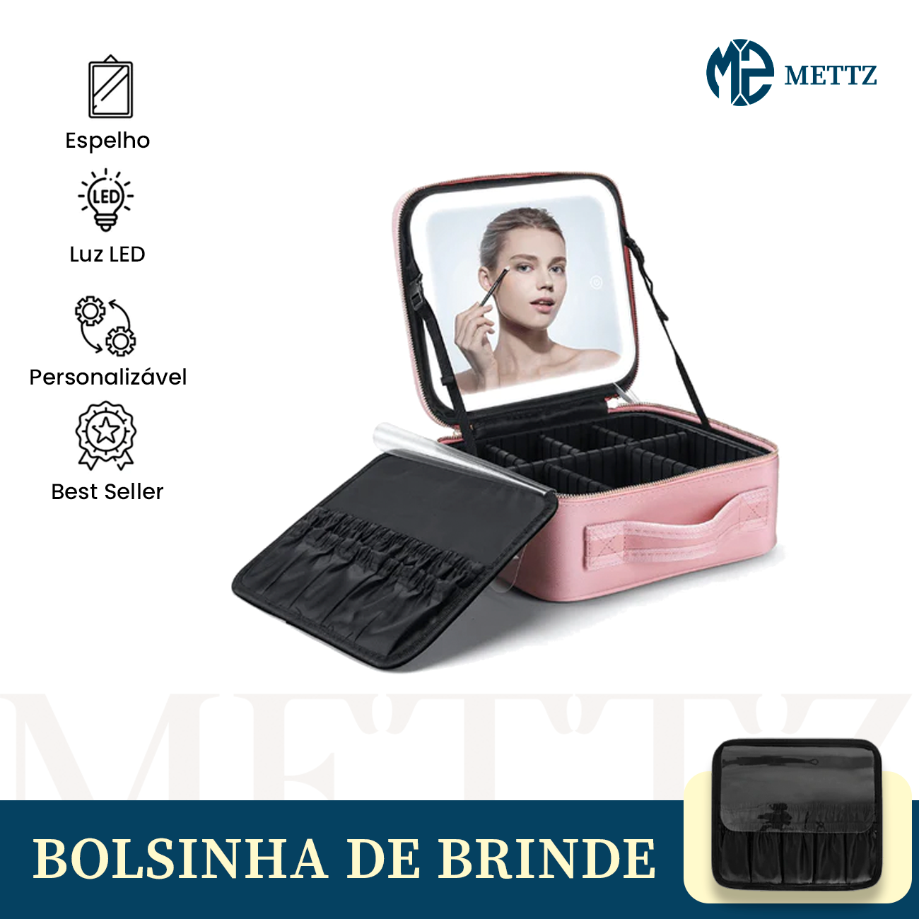 Bolsa de Couro com Espelho LED e Divisões Personalizáveis + BRINDE: Case para Pincéis | LedBag®